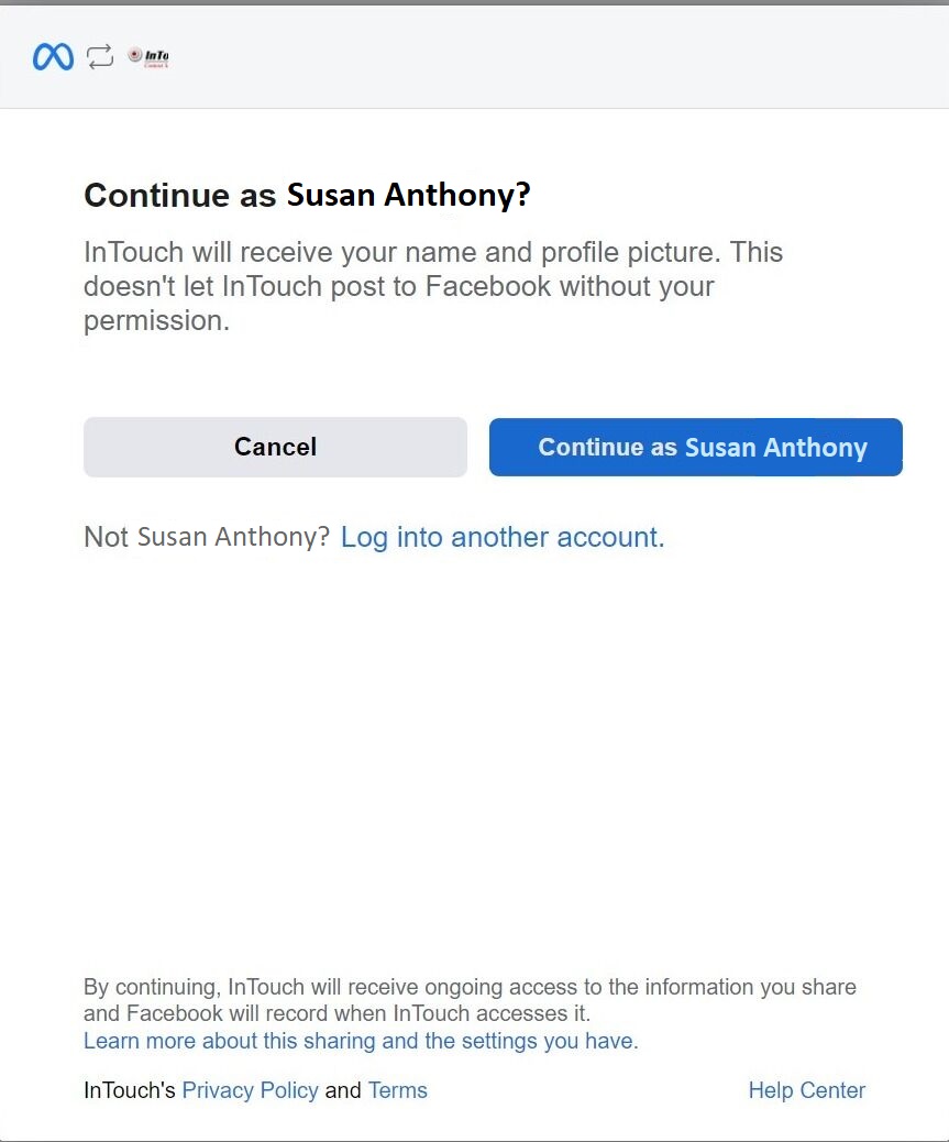 Screenshot of: The Meta/Facebook dialog will open.   If you are not logged in or you need to log into another account, you can do it at this time.   