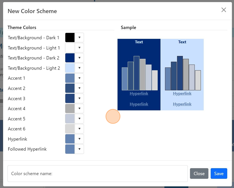 Screenshot of: The new Color Scheme dialog will open.    Select the colors for each of the selections.    Type a new Color Scheme Name in at the bottom and press Save.