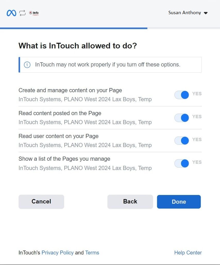 Screenshot of: The required permissions InTouch needs will be automatically selected.   Click Done to grant InTouch access to your account.