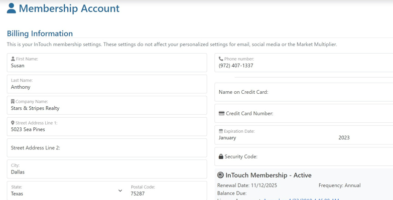 Screenshot of: InTouch only uses the Billing Information for managing your subscription.   This will contain the owner of the membership and billing address and phone number.