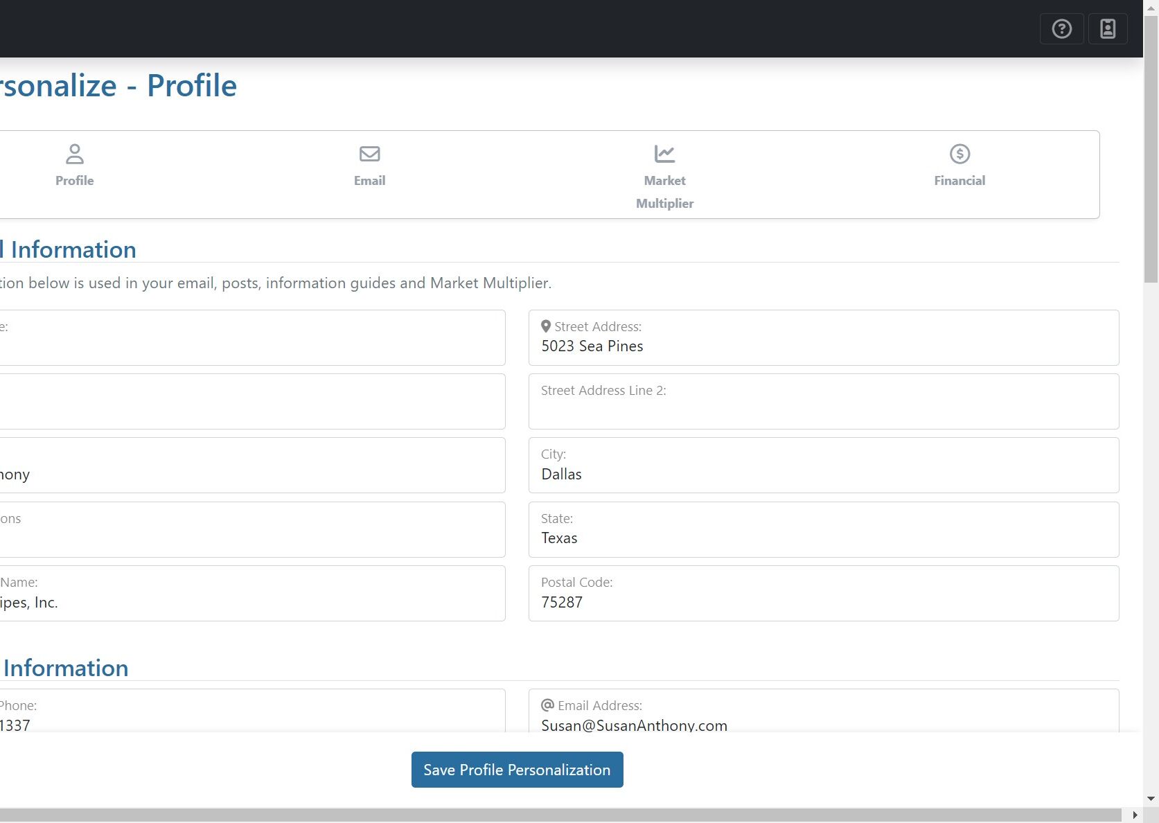 Screenshot of: Click Email on the Personalize Profile page.