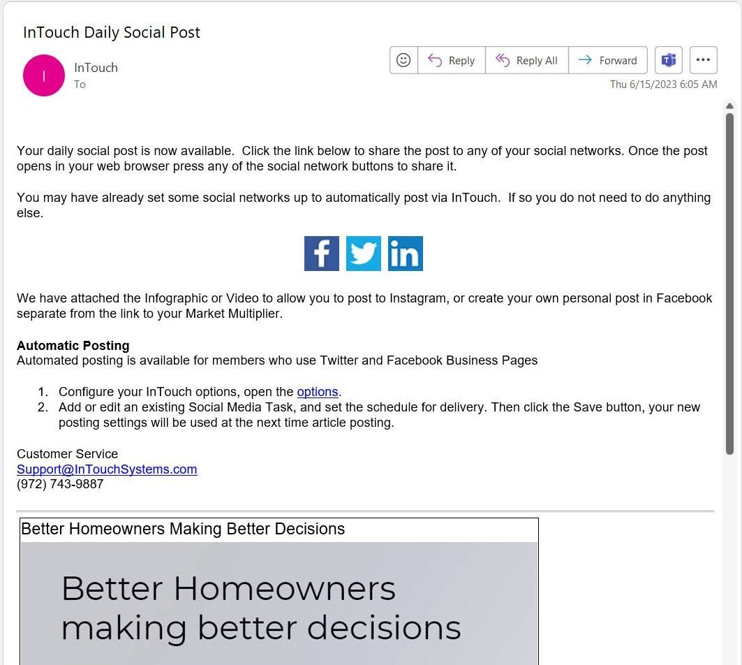 Screenshot of: Open the InTouch Daily Social Post message in your email client.   Click the Social Media hyperlink.