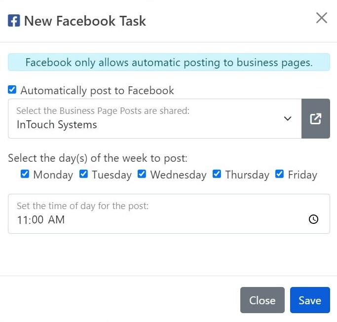 Screenshot of: If you do not want the default days and time for you posts, you may change them.   To have InTouch randomly post throughout the business day, set the time to 12:00 AM.   Click Save.