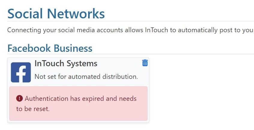 Screenshot of: If you did not receive and email, click on Settings in the navigation pane followed by Social Media Settings.   Click the social media account indicating it has expired.