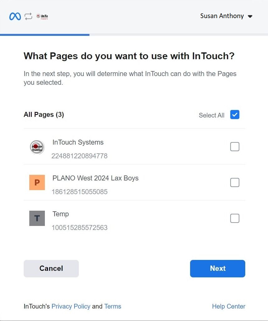 Screenshot of: Select the Business Pages you want to give InTouch access to post.   If you are unsure, check the Select All and click Next.