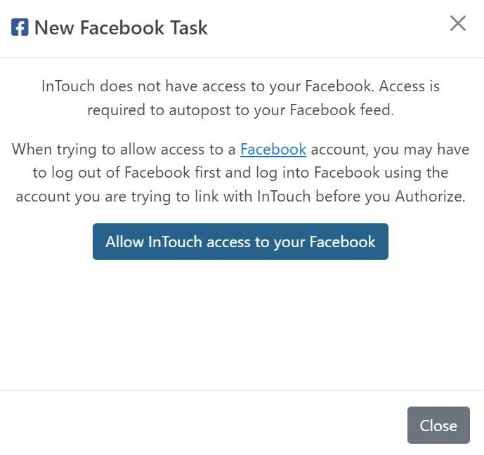 Screenshot of: The New Facebook Task will open.   Click Allow InTouch access to your Facebook button.