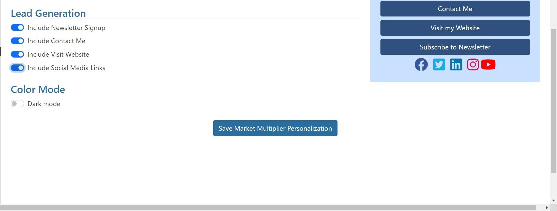 Screenshot of: Choose the Lead Generation options to include or exclude contact buttons on the side bar.