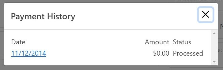 Screenshot of: To view your past Payment History, click the Payment History Button.   The Payment History dialog will open with links to your previous receipts.  Press the X to close the dialog.