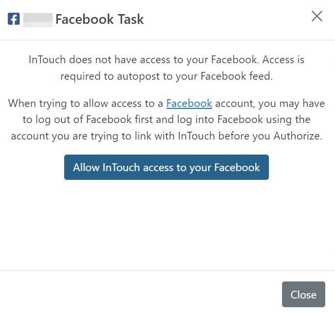 Screenshot of: The Social Media Task will open.   Click Allow InTouch access and follow the on screen instructions.